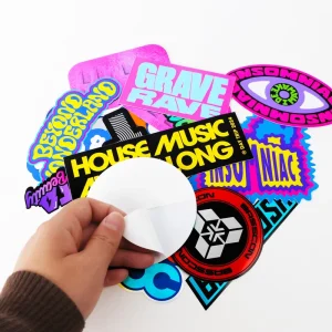 Custom PVC Sticker UV Resist Logo Neon Color Fluorescent Spot UV Adhesive Split Back Peel Waterproof Vinyl Die Cut Stickers