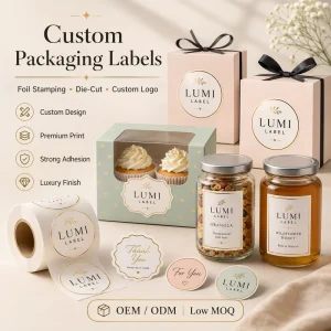 Custom Packaging Labels Waterproof Adhesive Sticker Roll Foil Stamping Die Cut Logo Labels for Gift Box Jar Bottle Packaging OEM