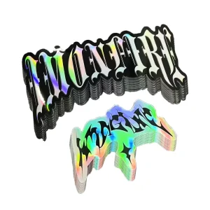 Custom Shiny Text Laser Effect Holographic Adhesive Waterproof PVC Rainbow for Company Logo for Promotion Grocery Exhibition