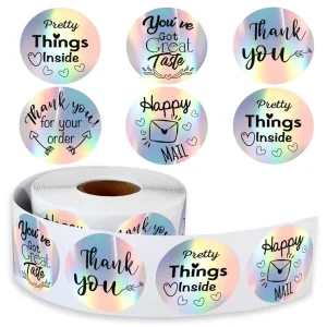 Custom Thank You Adhesive Labels Private Hologram Shine Surface Rolls Self-Adhesive Multiple Designs of Circular Waterproof
