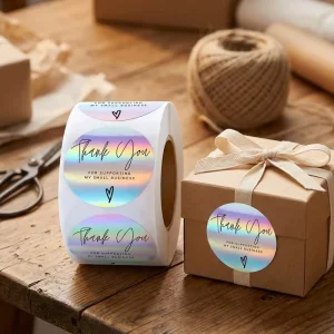Custom Thank You Stickers for Small Business Holographic Adhesive Vinyl Brand Logo Printing Sealing Packaging Stickers
