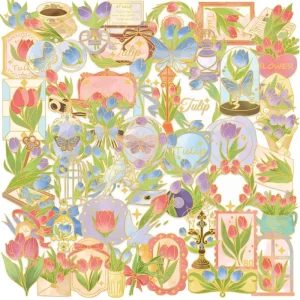Custom Transparent Vinyl Cartoon Tulip Digital Printed Foil Stamped Waterproof Die Cut Stickers for Promotional Gifts