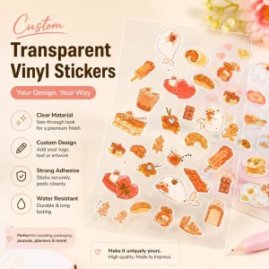 Custom Transparent Vinyl Stickers Waterproof Die Cut Labels with Backing Card OPP Bag for Packaging Journals