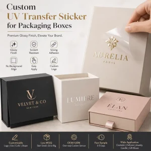 Custom UV Transfer Stickers for Packaging Boxes 3D Gold Foil Glossy Logo Decals Cosmetic Perfume Candle Jewelry Gift