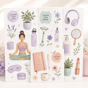 Custom Watercolor Self Care Wellness Sticker Sheets with Custom Logo for Journaling Packaging Branding