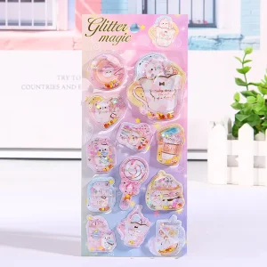 Custom Waterproof Colorful Water Filled Stickers 3D Cartoon Stickers Flowing Liquid 3D Cute Animal Self adhesive PVC Stickers