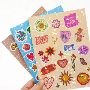 Customized Printed Waterproof Vinyl Self Adhesive Custom Sticker Sheet Paper Kiss Cut Glitter Sticker Sheet