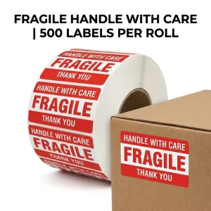 Customized Stickers Packaging Labels Fragile Handle With Care Warning Shipping Moving 3×2 Inch 500 PCS Roll Waterproof Die Cut
