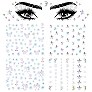 Decorative Star Butterfly Moon Face Jewel Acrylic Pearl Rhinestone Gold Stamping Removable Eye Body Tattoo Stickers Holiday