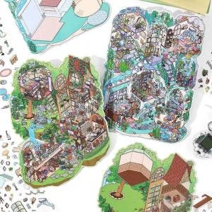 Dreamland Series 3D Aquascape Stickers 3 Sheets Per Pack Printed Cartoon Children’s Cabin Decals for Scrapbooks PET Material