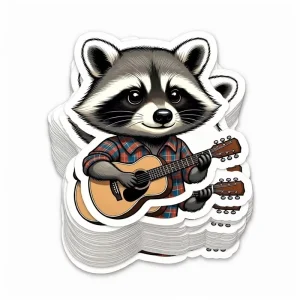 Factory Direct Custom Waterproof Vinyl Stickers Die Cut Raccoon Playing Guitar Funny Cute Adhesive Decals Low MOQ