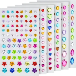 Gem Stickers for Crafts 6 Sheets Self Adhesive Rhinestone Jewel Stickers Various Shapes and Sizes for Kids’ Crafts