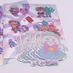 Holographic Glitter Vinyl Sticker Sheets Cute Cartoon Character Angel Bear Waterproof Decals for Journal Scrapbook