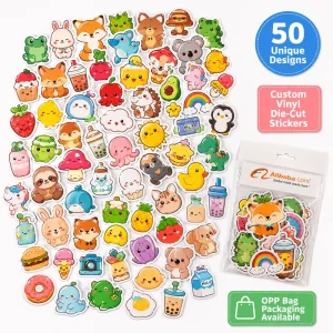 In Stock 50PCS Kawaii Cartoon Vinyl Die Cut Labels Stickers No Repeat Self Adhesive Sticker Set OPP Bag Packaging