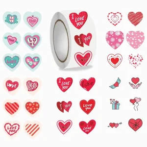 Manufacturer 500 Coated Paper Self Adhesive Color Printed Stickers Roll Heart Shaped Valentine’s Day Decorative