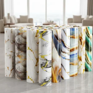 Marble Patterned Self adhesive Waterproof Wall Panels with Gilt Design PVC Material Bedroom Use Modern Design