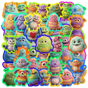 New 50PCS Neon Style Cartoon Cute PVC Waterproof Plush Monster Sticker with Die Cut Printing