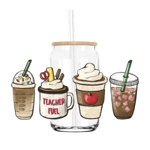 New Arrival 16oz Coffee Cup Teacher Fuel UV DTF Cup Sheet Wraps Transfer Stickers for Libbey Glass Mugs Decoration
