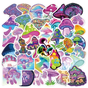 Newly 50PCS Hippie Style Colorful Mushroom PVC Stickers Waterproof Holiday Decoration with Die Cutting Printing