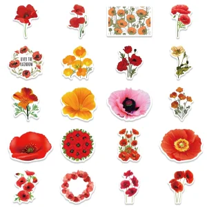 PVC Vinyl Die Cut Poppy Floral Sticker Waterproof UV Printing Decorative Sticker for Suitcases Laptops Cups Decor