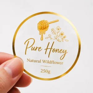 Personalized Clear Round Food Labels Custom Logo Gold Foil Waterproof Adhesive Stickers Roll for Honey Jam Jars