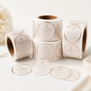 Personalized Transparent Round Candle Labels Waterproof Rose Gold Foil Adhesive Sticker Roll for Scented Jar Packaging