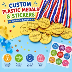 Popular Sticker Plastic Medals Gold Child Sport Game Gift Award Souvenir Custom LOGO Plastic Medals Kids with Stickers