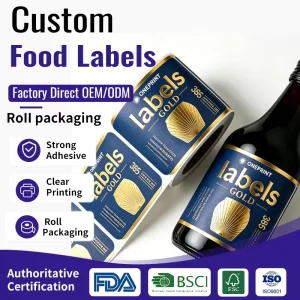 Premium Custom Gold Foil Embossed Soy Sauce Bottle Label Waterproof Permanent Adhesive Sticker Roll for Food Condiment Packaging