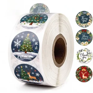 Roll Type Christmas Label Adhesive Stickers with UV Glossy Finish Custom Pattern Printed for Festival Packaging or Craft Use