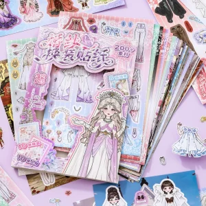 SIMNO Opulent Lace Wedding Bride Paper Doll Sticker Set Detailed Anime Bridal Gown Dress up Stickers for Pretend Role Play
