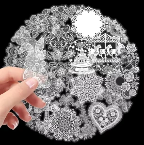 Transparent PET Vintage White Lace Photo Frame Stickers With UV Printing Waterproof Holiday Decoration Glossy Matte Finish