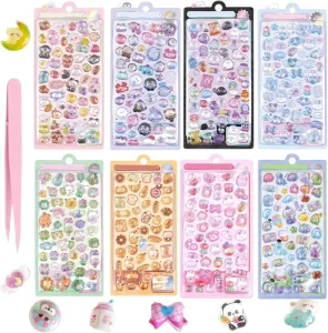Waterproof 3D PVC Epoxy Resin Stickers 8 Sheet Set Cute Sparkly Craft Supplies for Notebooks DIY