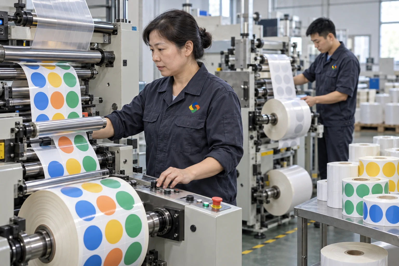 Chinese operators managing label lamination, die cutting and rewinding