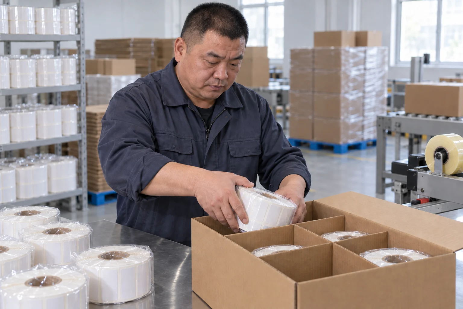 Chinese packing operator preparing finished label rolls for dispatch