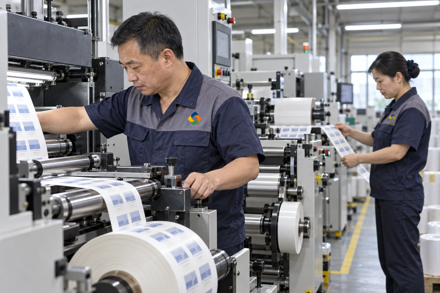 Chinese operators running a roll-to-roll label printing line