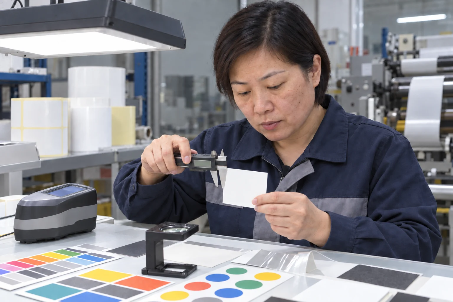 Chinese quality inspector checking sticker color and dimensions
